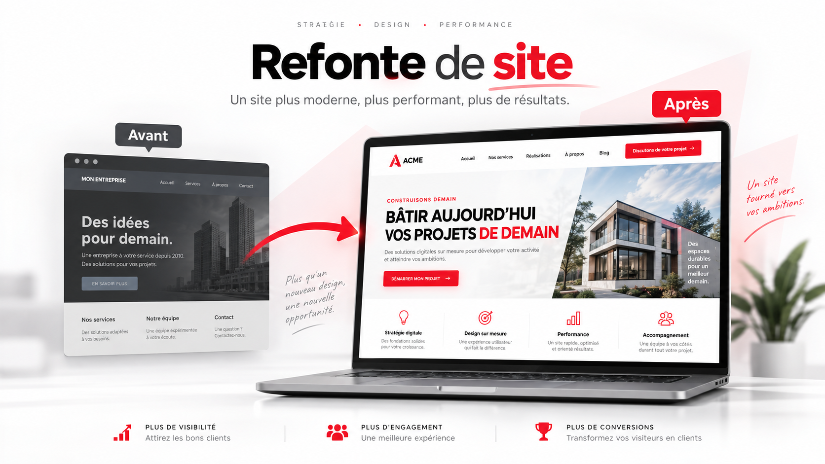 Illustration avant et après d'une refonte de site web