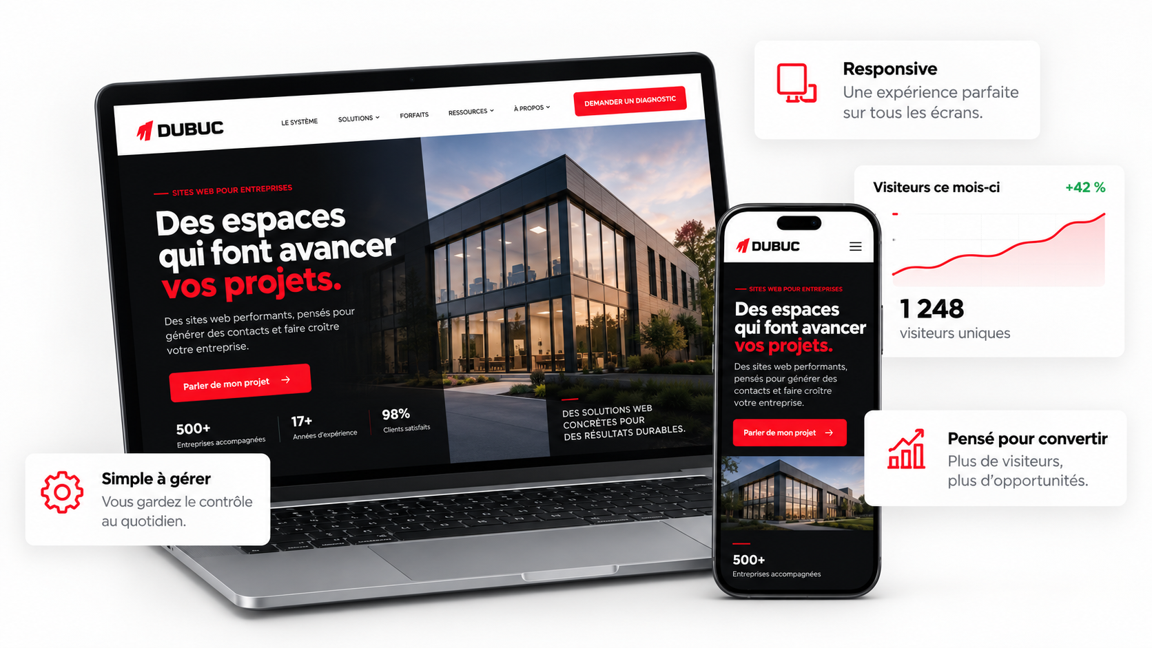 Exemple de site web DUBUC présenté sur ordinateur et téléphone